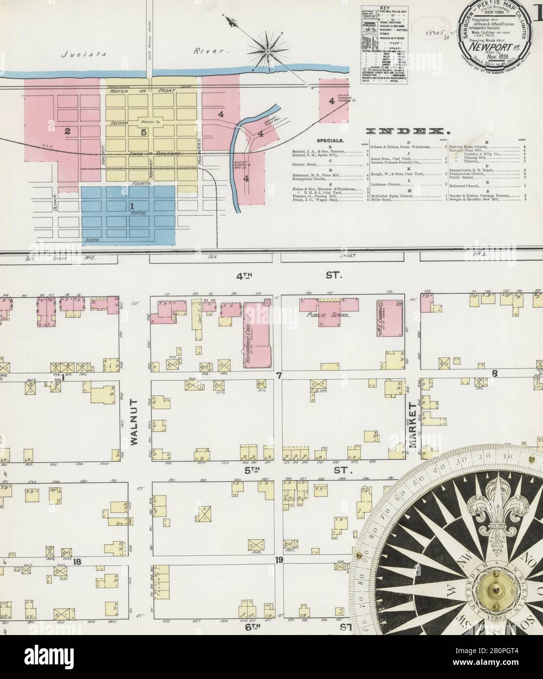 Bild 1 von Sanborn Fire Insurance Map aus Newport, Perry County, Pennsylvania. Nov. 4 Blatt(e), Amerika, Straßenkarte mit einem Kompass Aus Dem 19. Jahrhundert Stockfoto