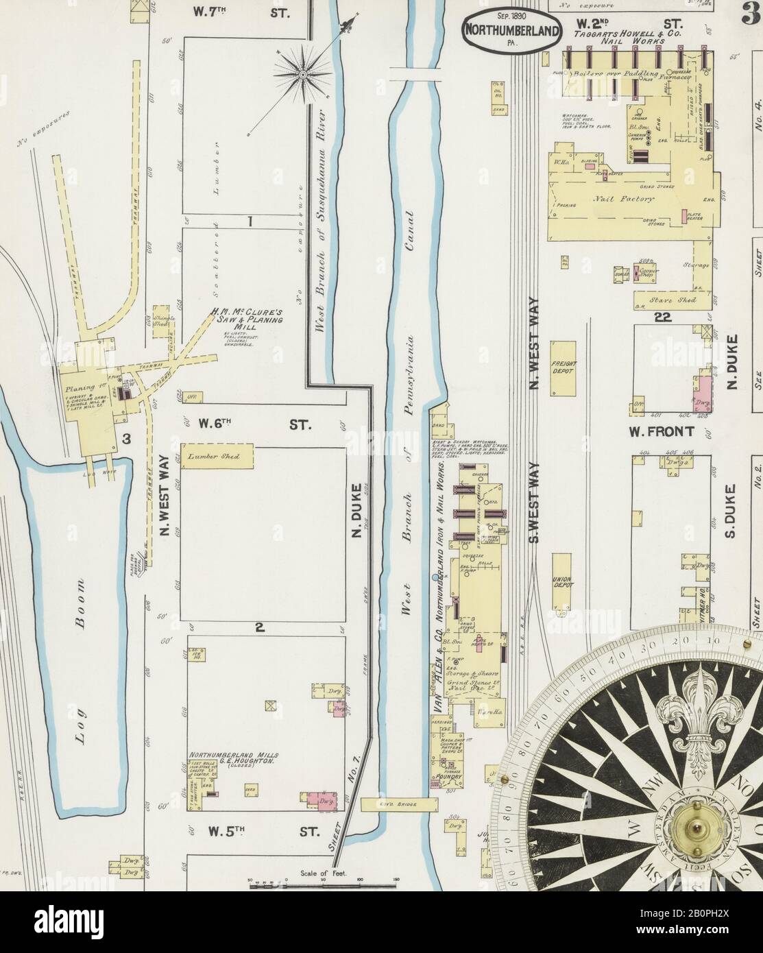 Bild 3 von Sanborn Fire Insurance Map aus Northumberland, Northumberland County, Pennsylvania. Sep 1890. 7 Blatt(e), Amerika, Straßenkarte mit einem Kompass Aus Dem 19. Jahrhundert Stockfoto