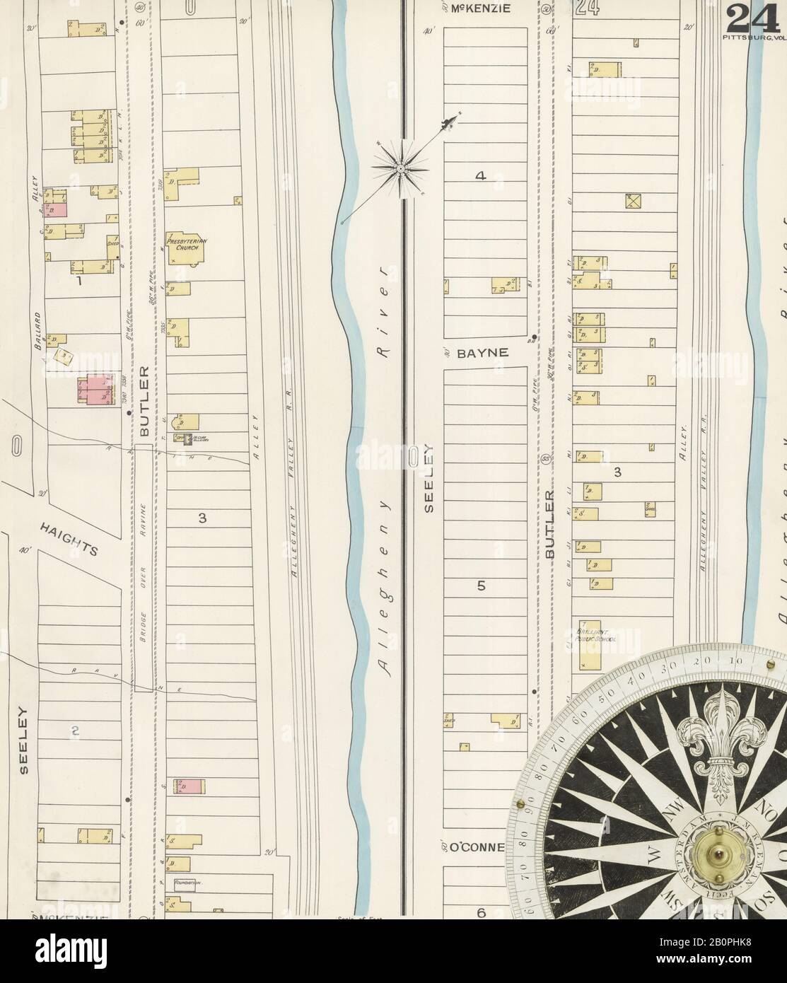 Bild 25 von Sanborn Fire Insurance Map aus Pittsburgh, Allegheny County, Pennsylvania. 1893 Vol. 3. 109 Blatt(e). Bound, Amerika, Straßenkarte mit einem Kompass Aus Dem 19. Jahrhundert Stockfoto