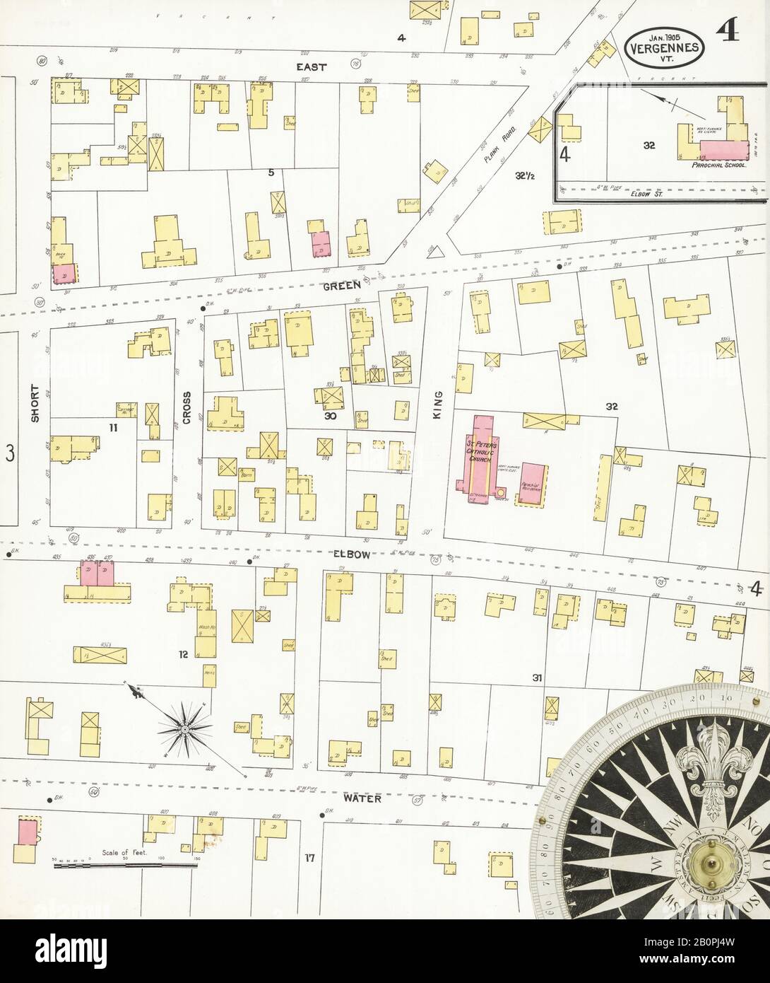 Bild 4 von Sanborn Fire Insurance Map aus Vergennes, Addison County, Vermont. Januar 1905. 4 Blatt(e), Amerika, Straßenkarte mit einem Kompass Aus Dem 19. Jahrhundert Stockfoto