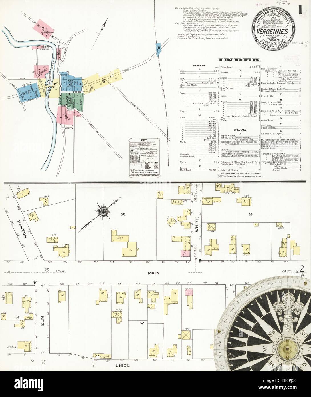 Bild 1 von Sanborn Fire Insurance Map aus Vergennes, Addison County, Vermont. Okt 1910. 7 Blatt(e), Amerika, Straßenkarte mit einem Kompass Aus Dem 19. Jahrhundert Stockfoto
