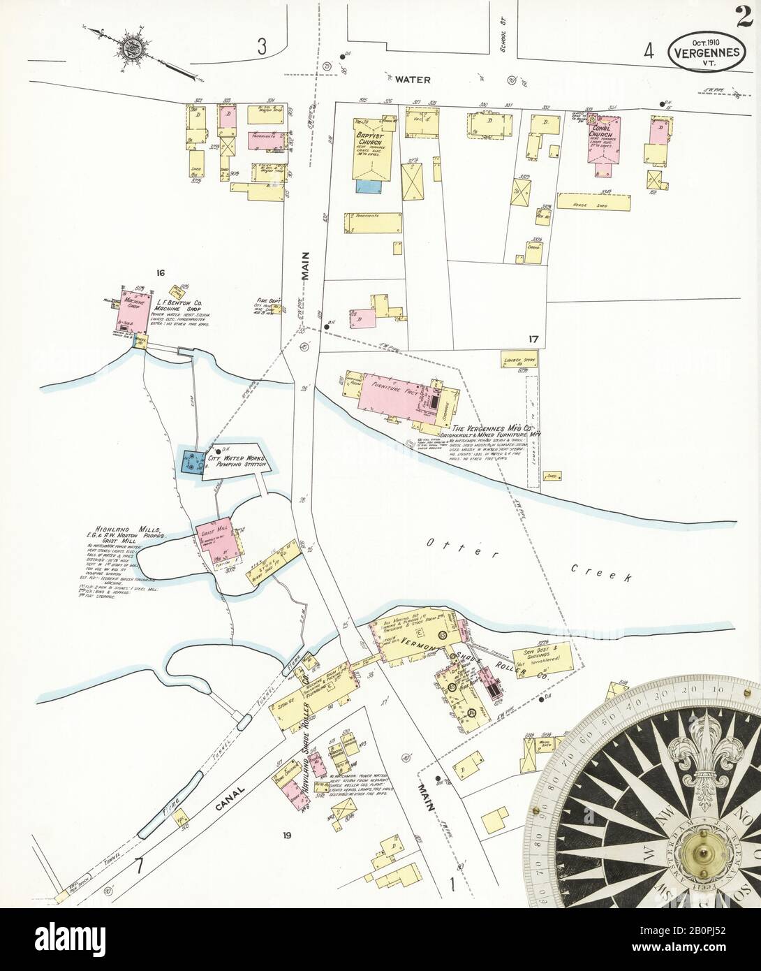 Bild 2 von Sanborn Fire Insurance Map aus Vergennes, Addison County, Vermont. Okt 1910. 7 Blatt(e), Amerika, Straßenkarte mit einem Kompass Aus Dem 19. Jahrhundert Stockfoto