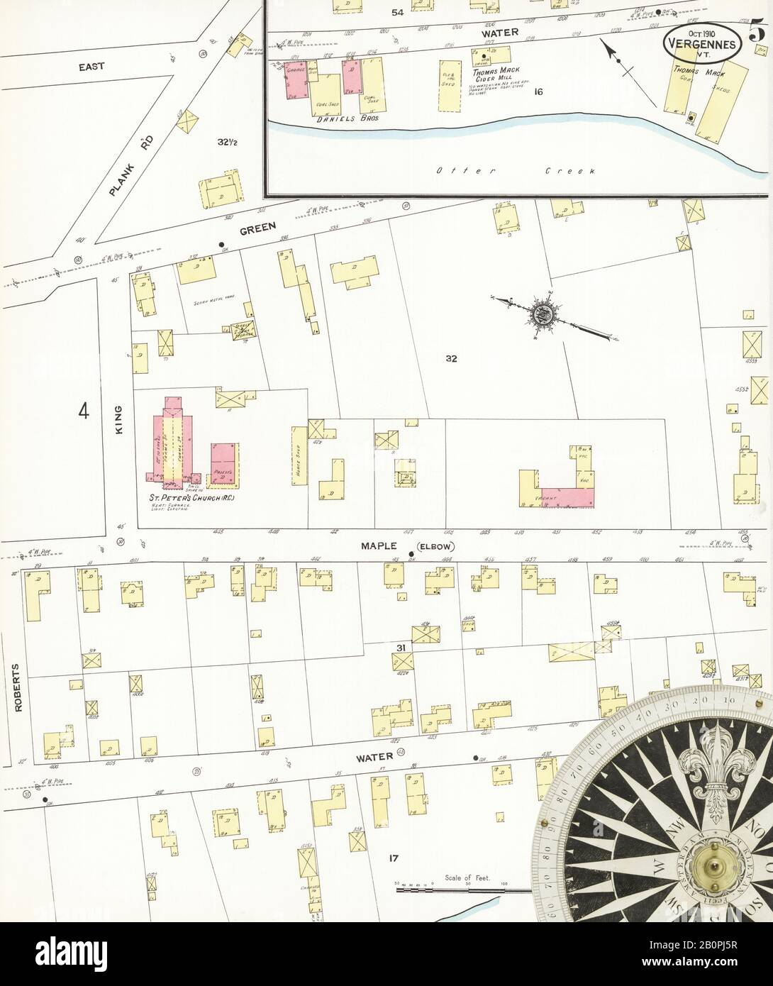 Bild 5 von Sanborn Fire Insurance Map aus Vergennes, Addison County, Vermont. Okt 1910. 7 Blatt(e), Amerika, Straßenkarte mit einem Kompass Aus Dem 19. Jahrhundert Stockfoto