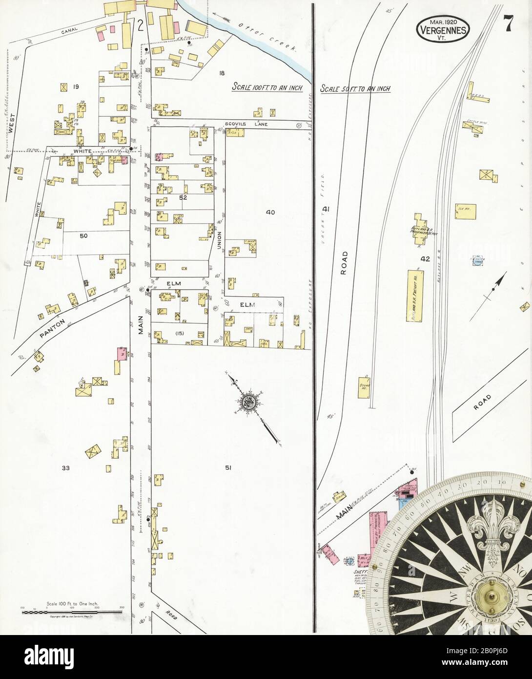 Bild 7 von Sanborn Fire Insurance Map aus Vergennes, Addison County, Vermont. März 1920. 7 Blatt(e), Amerika, Straßenkarte mit einem Kompass Aus Dem 19. Jahrhundert Stockfoto