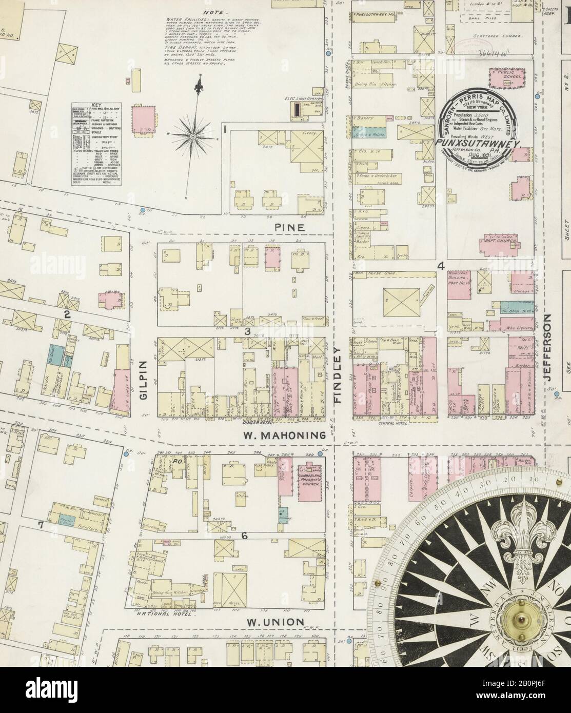 Bild 1 von Sanborn Fire Insurance Map aus Punxsutawney, Jefferson County, Pennsylvania. August 1891. 2 Blatt(e), Amerika, Straßenkarte mit einem Kompass Aus Dem 19. Jahrhundert Stockfoto
