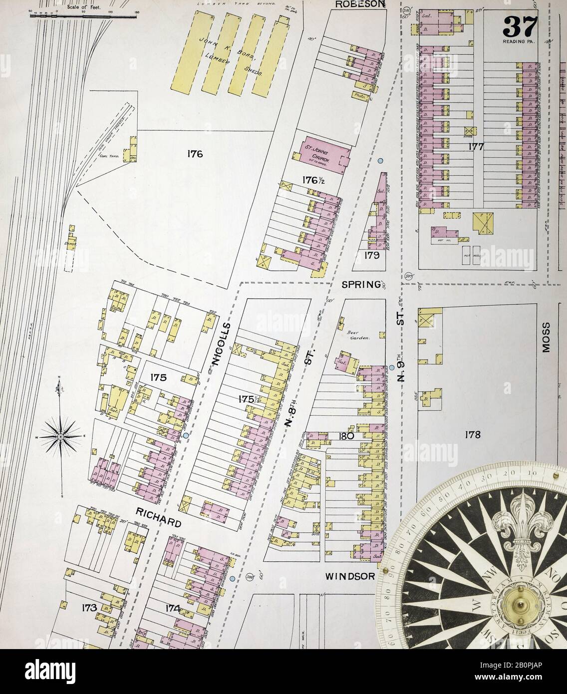 Bild 37 von Sanborn Fire Insurance Map aus Reading, Berks County, Pennsylvania. Im Jahr 1887. 48 Blatt(e). Bound, Amerika, Straßenkarte mit einem Kompass Aus Dem 19. Jahrhundert Stockfoto