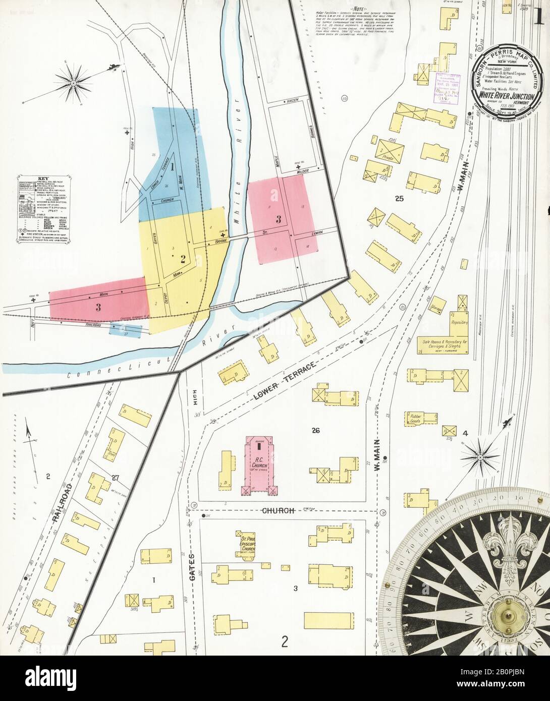 Bild 1 von Sanborn Fire Insurance Map von White River Junction, Windsor County, Vermont. Februar 1901. 4 Blatt(e), Amerika, Straßenkarte mit einem Kompass Aus Dem 19. Jahrhundert Stockfoto
