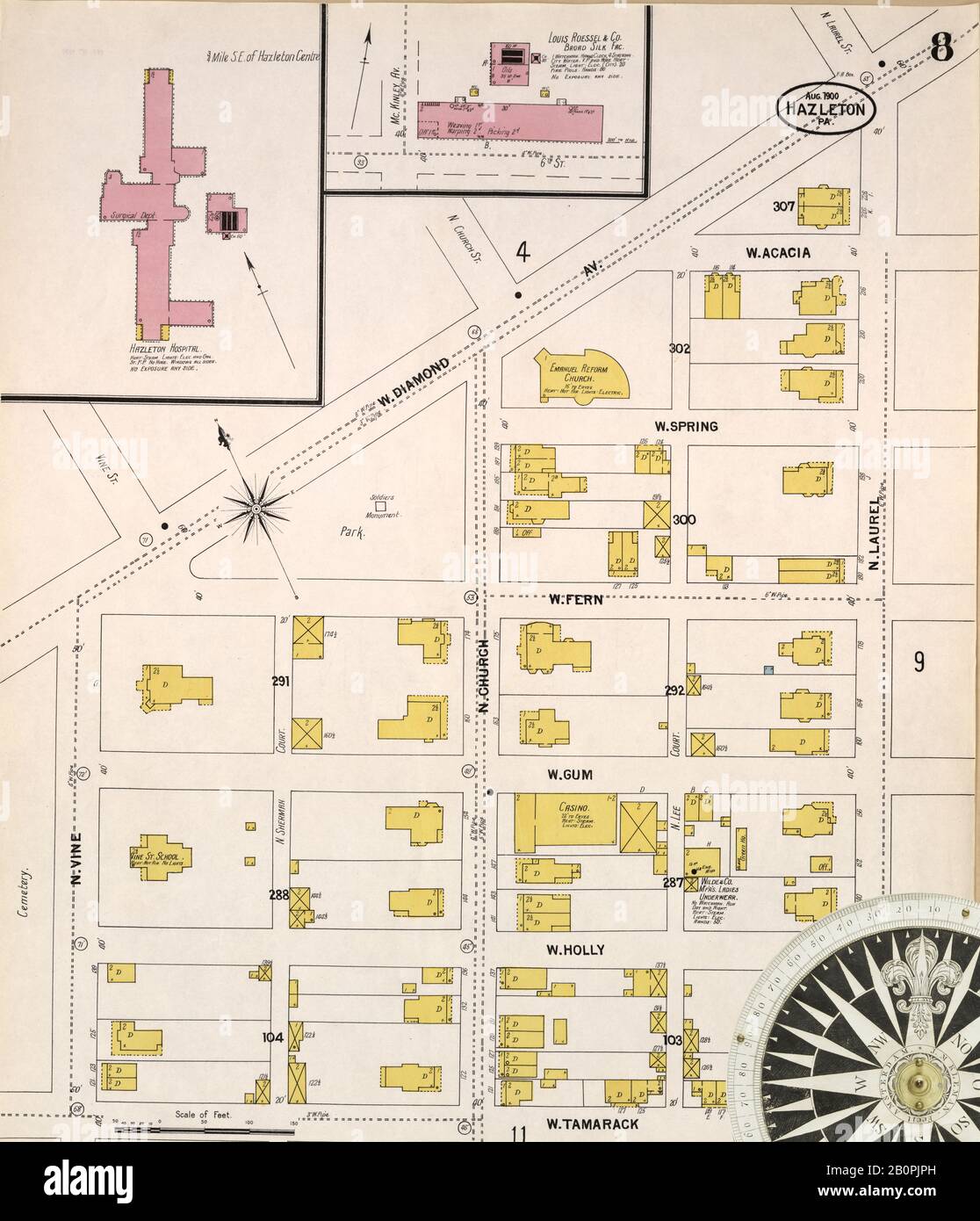 Bild 15 von Sanborn Fire Insurance Map aus Mexiko-Stadt, Bundesdistrikt, Distrito Federal. 1905. 25 Blatt(e). Umfasst 9 Skelettkarten, Amerika, Straßenkarte mit einem Kompass Aus Dem 19. Jahrhundert Stockfoto