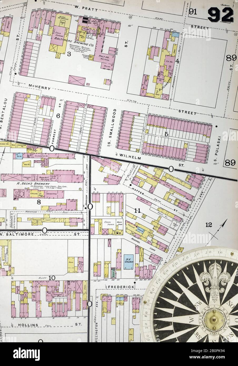 Bild 27 von Sanborn Fire Insurance Map aus Baltimore, Baltimore County, Maryland. 1890; Vol. 3. 84 Blatt(e). Karte zur Wasserversorgung. Doppeltgepappte Platten mit der Nummer 81-120. Bound, Amerika, Straßenkarte mit einem Kompass Aus Dem 19. Jahrhundert Stockfoto