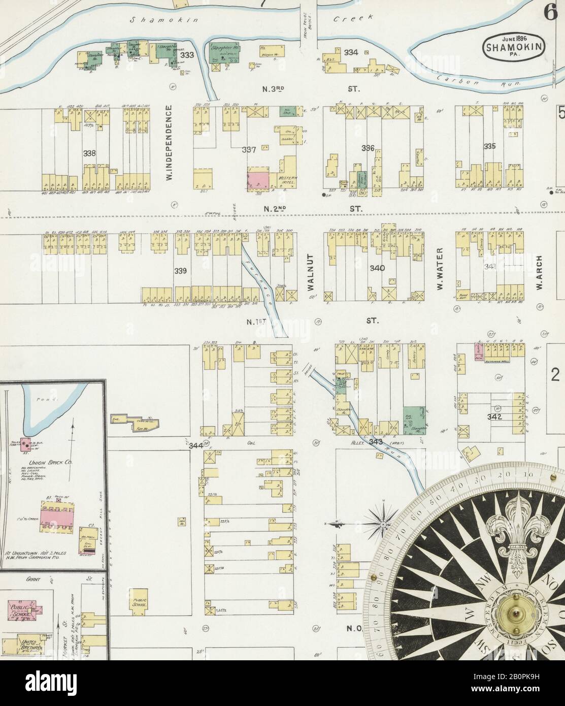 Bild 6 von Sanborn Fire Insurance Map aus Shamokin, Northumberland County, Pennsylvania. Juni 1896. 16 Blatt(e), Amerika, Straßenkarte mit einem Kompass Aus Dem 19. Jahrhundert Stockfoto