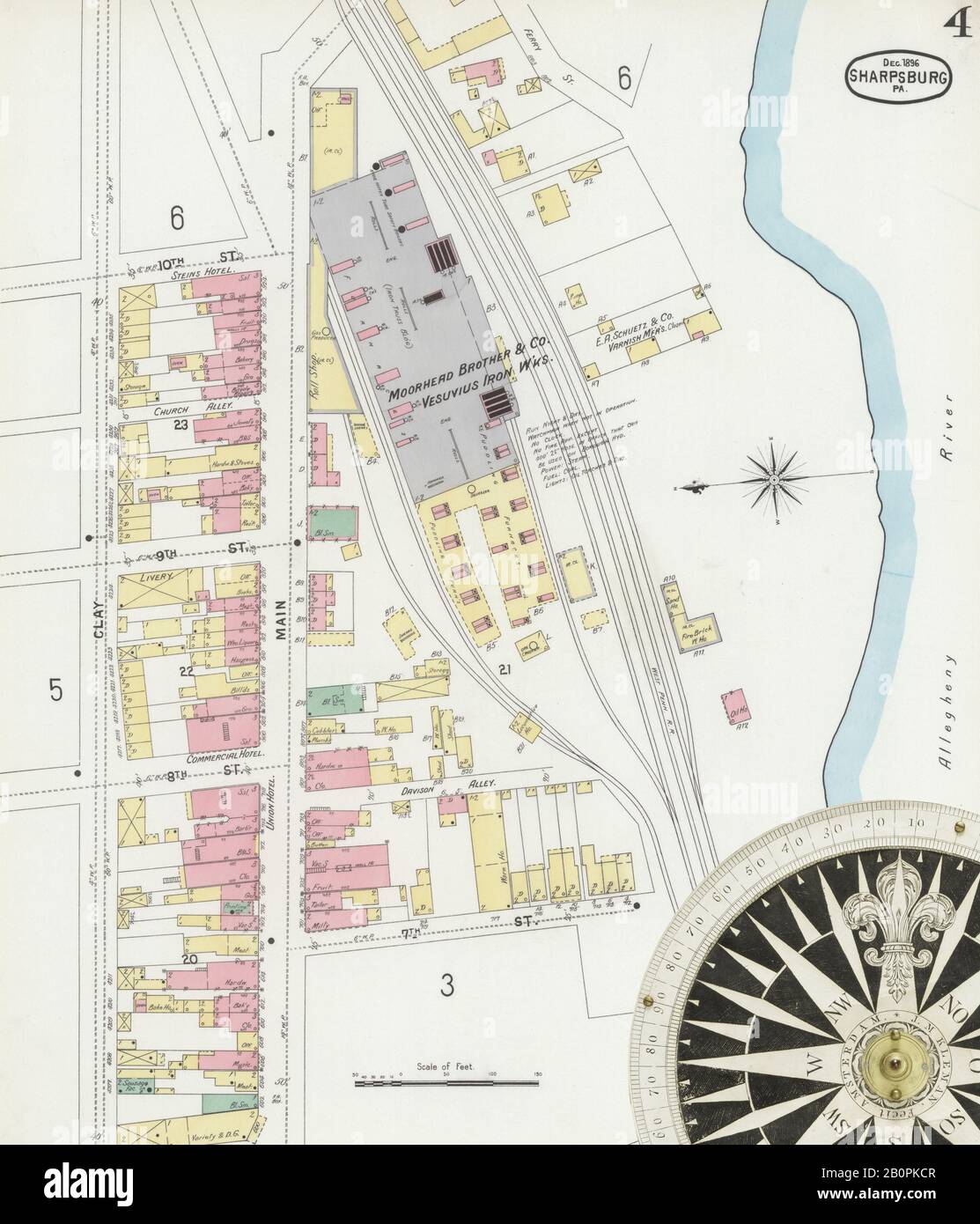 Bild 4 von Sanborn Fire Insurance Map aus Sharpsburg, Allegheny County, Pennsylvania. Dezember 1896. 11 Blatt(e), Amerika, Straßenkarte mit einem Kompass Aus Dem 19. Jahrhundert Stockfoto