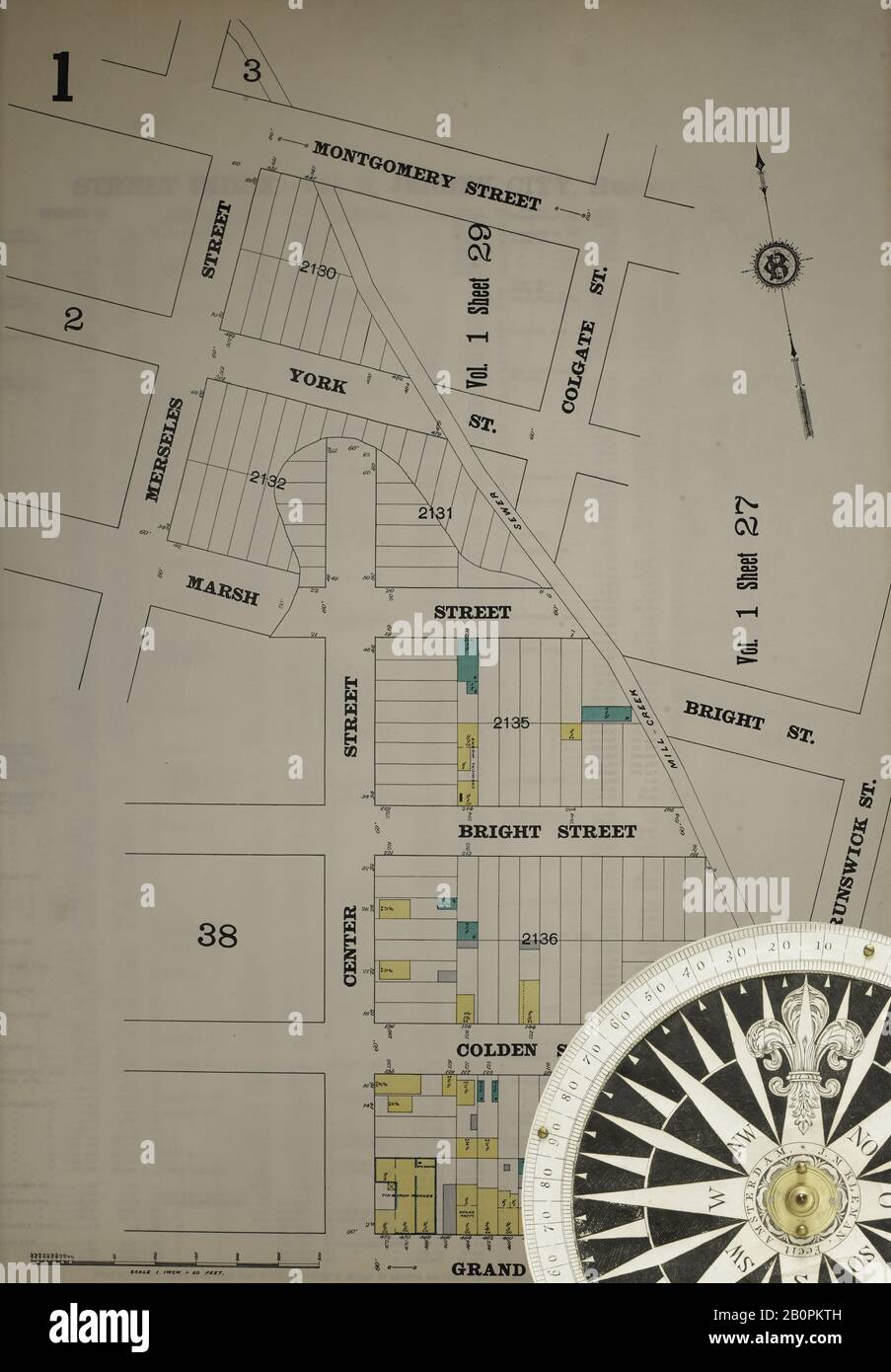 Bild 3 von Sanborn Fire Insurance Map aus Hudson Co., Hudson County, New Jersey. Bd. 5, 1896. 79 Blatt(e). Inklusive Jersey City. Bound, Amerika, Straßenkarte mit einem Kompass Aus Dem 19. Jahrhundert Stockfoto