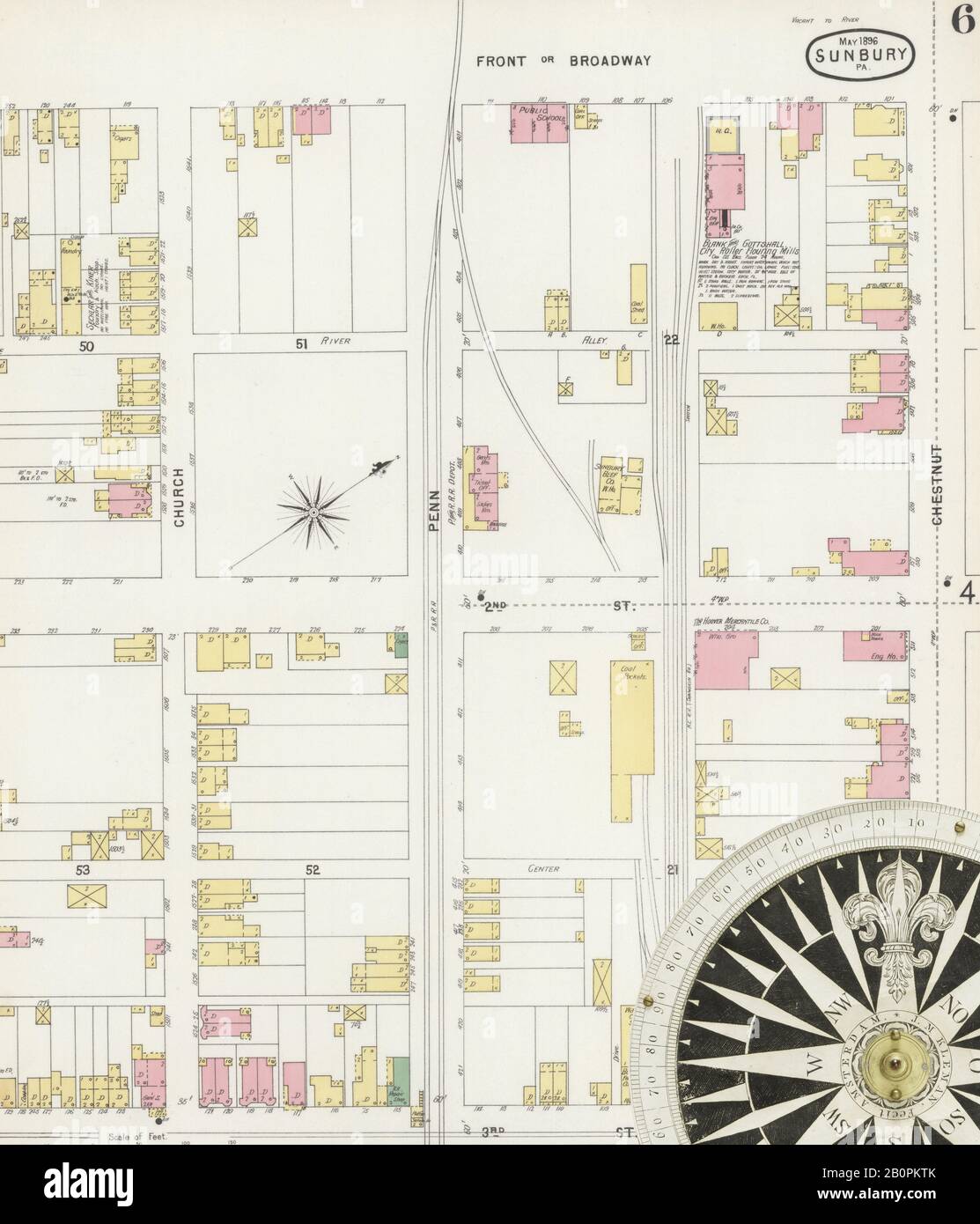 Bild 6 von Sanborn Fire Insurance Map aus Sunbury, Northumberland County, Pennsylvania. Mai 1896. 11 Blatt(e), Amerika, Straßenkarte mit einem Kompass Aus Dem 19. Jahrhundert Stockfoto