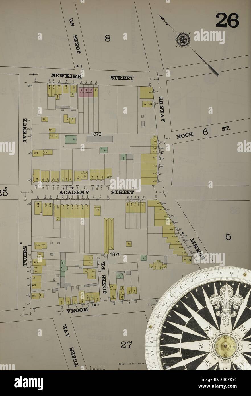 Bild 28 von Sanborn Fire Insurance Map aus Hudson Co., Hudson County, New Jersey. Bd. 5, 1896. 79 Blatt(e). Inklusive Jersey City. Bound, Amerika, Straßenkarte mit einem Kompass Aus Dem 19. Jahrhundert Stockfoto