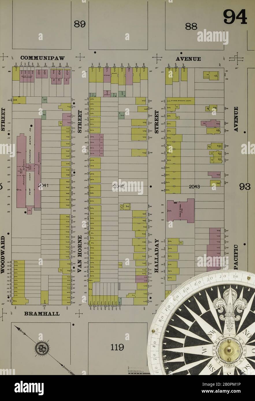 Bild 21 von Sanborn Fire Insurance Map aus Hudson Co., Hudson County, New Jersey. Bd. 6, 1896. 79 Blatt(e). Inklusive Jersey City. Bound, Amerika, Straßenkarte mit einem Kompass Aus Dem 19. Jahrhundert Stockfoto