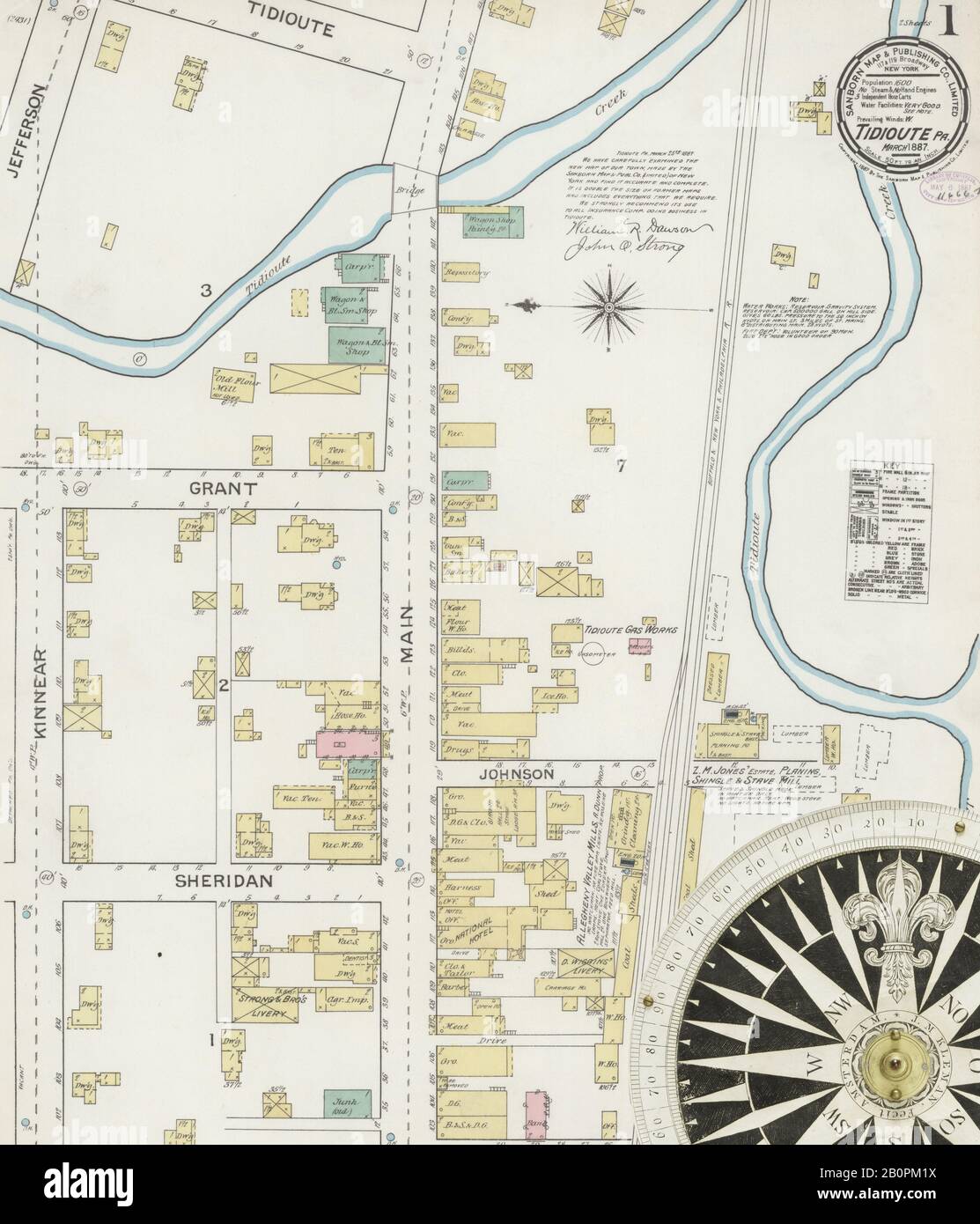 Bild 1 von Sanborn Fire Insurance Map aus Tidioute, Warren County, Pennsylvania. März 1887. 2 Blatt(e), Amerika, Straßenkarte mit einem Kompass Aus Dem 19. Jahrhundert Stockfoto