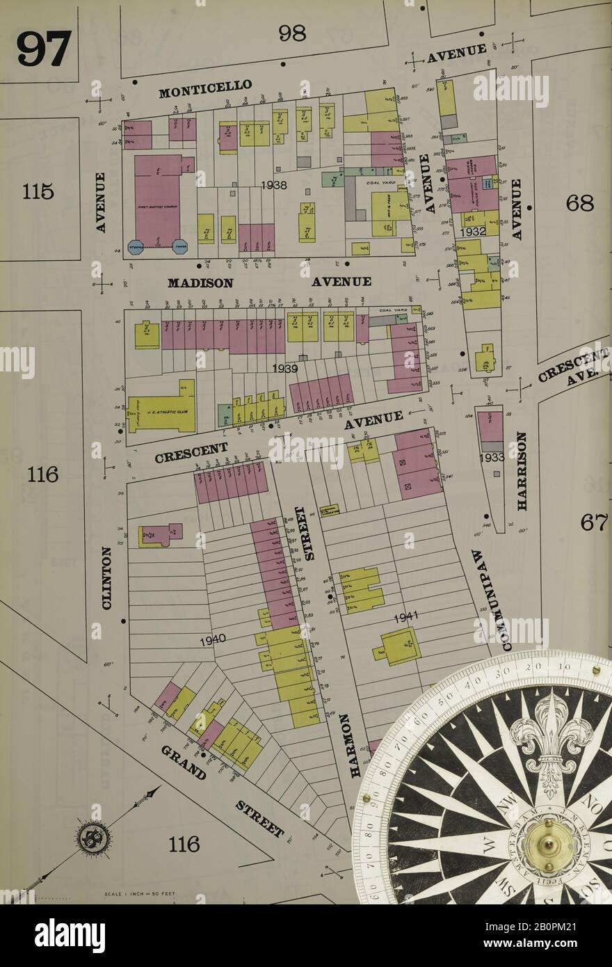 Bild 24 von Sanborn Fire Insurance Map aus Hudson Co., Hudson County, New Jersey. Bd. 6, 1896. 79 Blatt(e). Inklusive Jersey City. Bound, Amerika, Straßenkarte mit einem Kompass Aus Dem 19. Jahrhundert Stockfoto