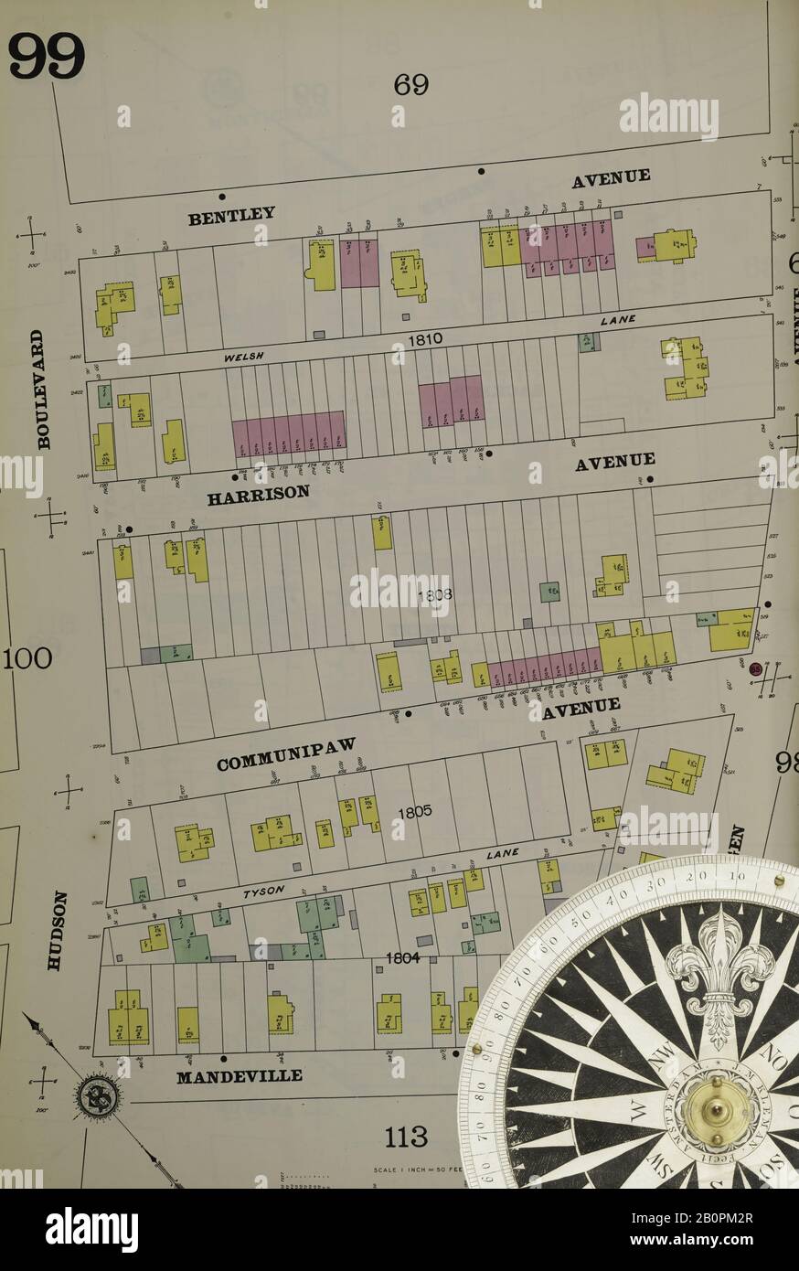 Bild 26 von Sanborn Fire Insurance Map aus Hudson Co., Hudson County, New Jersey. Bd. 6, 1896. 79 Blatt(e). Inklusive Jersey City. Bound, Amerika, Straßenkarte mit einem Kompass Aus Dem 19. Jahrhundert Stockfoto