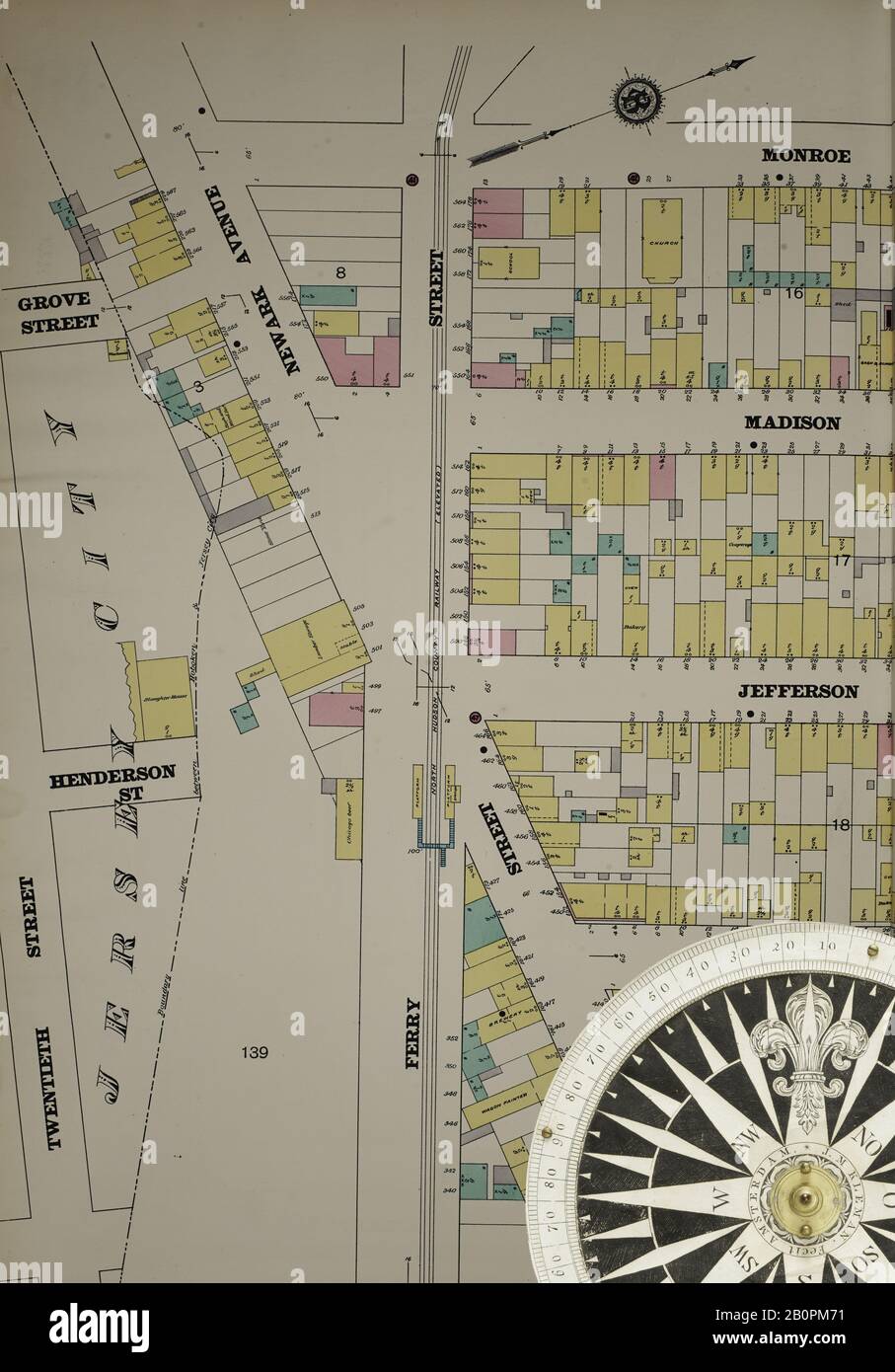 Bild 38 von Sanborn Fire Insurance Map aus Hudson Co., Hudson County, New Jersey. Bd. 7, 1891. 59 Blatt(e). Umfasst Hoboken. Doppeltgepappte Platten mit den Nummern 1 - 28. Bound, Amerika, Straßenkarte mit einem Kompass Aus Dem 19. Jahrhundert Stockfoto