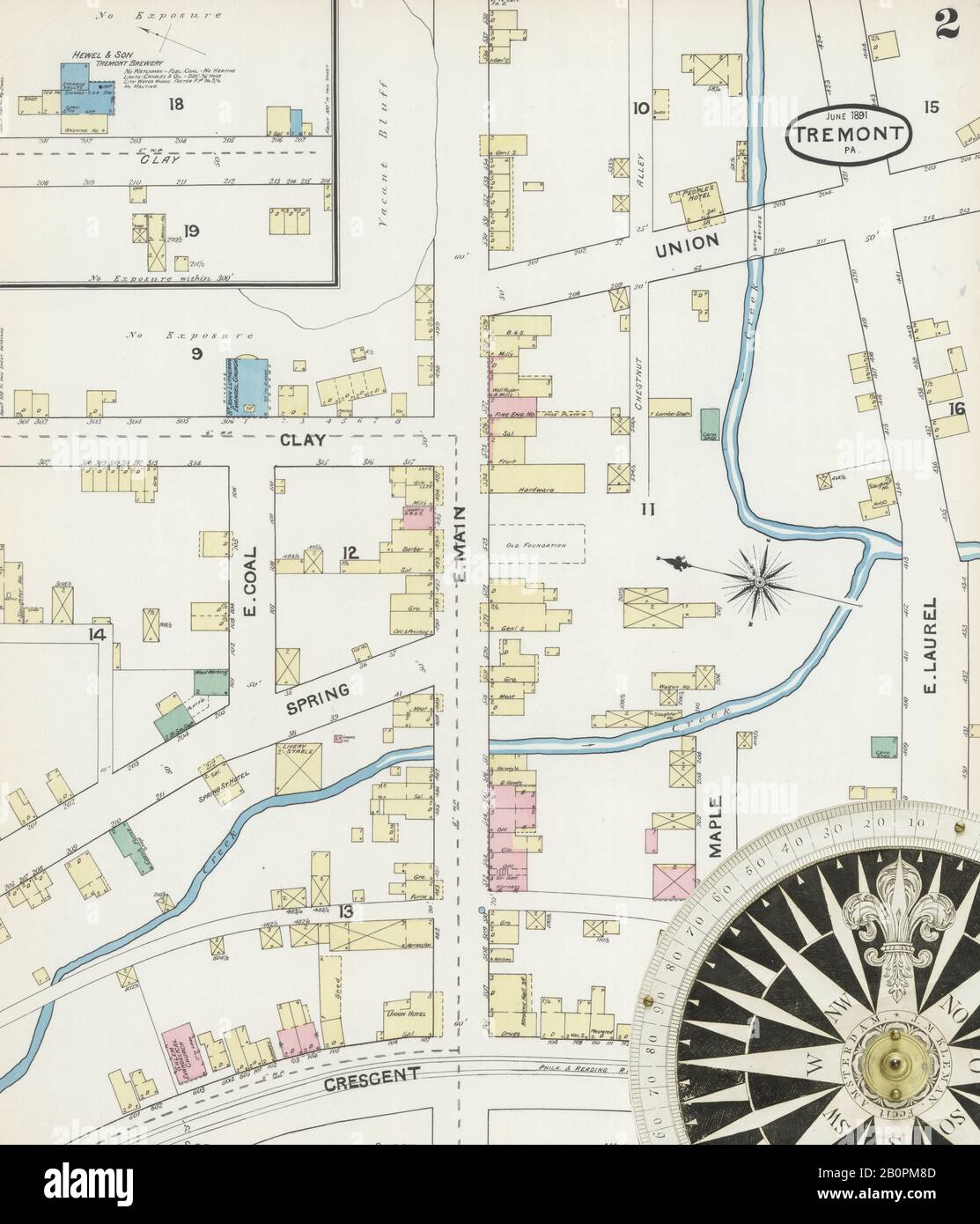 Bild 2 von Sanborn Fire Insurance Map aus Tremont, Schuylkill County, Pennsylvania. Juni 1891. 2 Blatt(e), Amerika, Straßenkarte mit einem Kompass Aus Dem 19. Jahrhundert Stockfoto