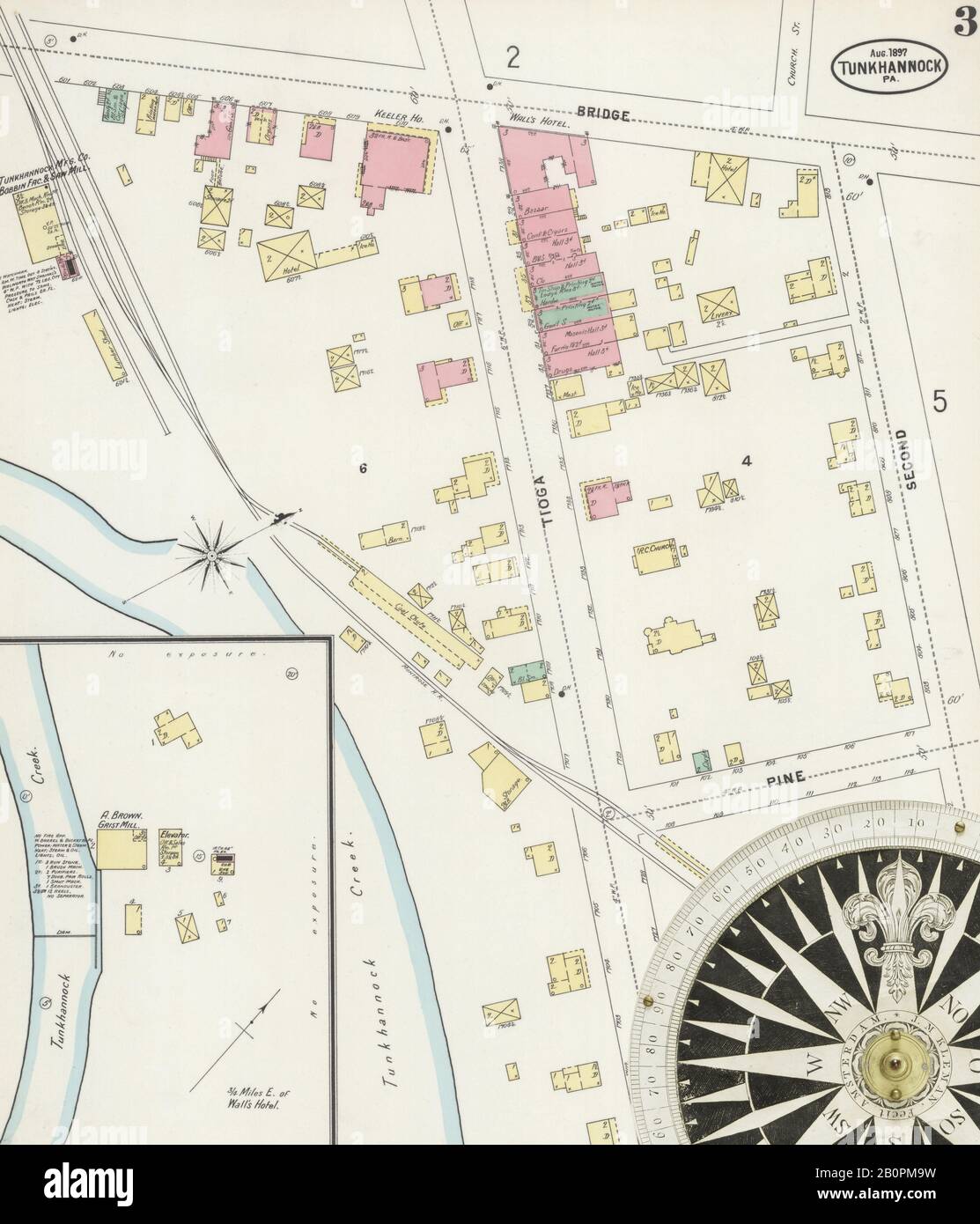 Bild 3 von Sanborn Fire Insurance Map aus Tunkhannock, Wyoming County, Pennsylvania. August 1897. 5 Blatt(e), Amerika, Straßenkarte mit einem Kompass Aus Dem 19. Jahrhundert Stockfoto