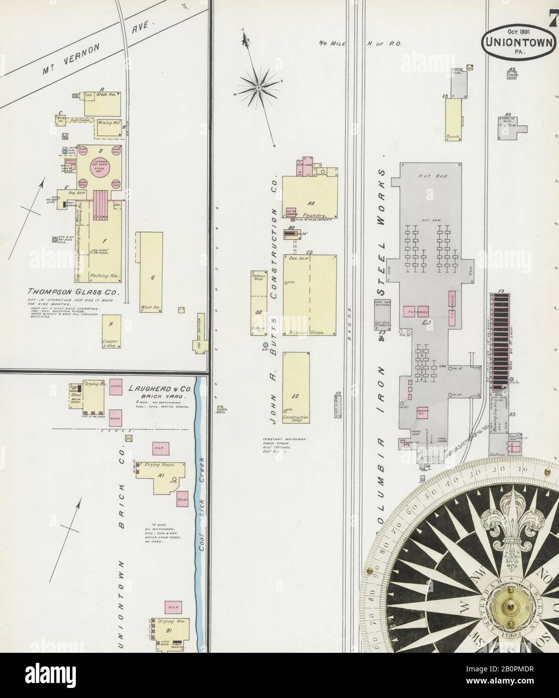 Bild 7 von Sanborn Fire Insurance Map aus Uniontown, Fayette County, Pennsylvania. Okt. 7 Blatt(e), Amerika, Straßenkarte mit einem Kompass Aus Dem 19. Jahrhundert Stockfoto