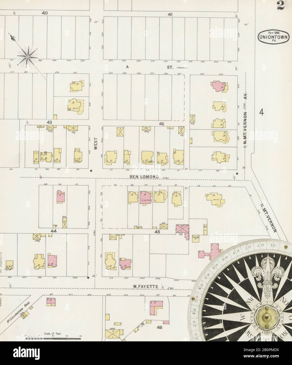 Bild 2 von Sanborn Fire Insurance Map aus Uniontown, Fayette County, Pennsylvania. Oktober 1896. 13 Blatt(e), Amerika, Straßenkarte mit einem Kompass Aus Dem 19. Jahrhundert Stockfoto