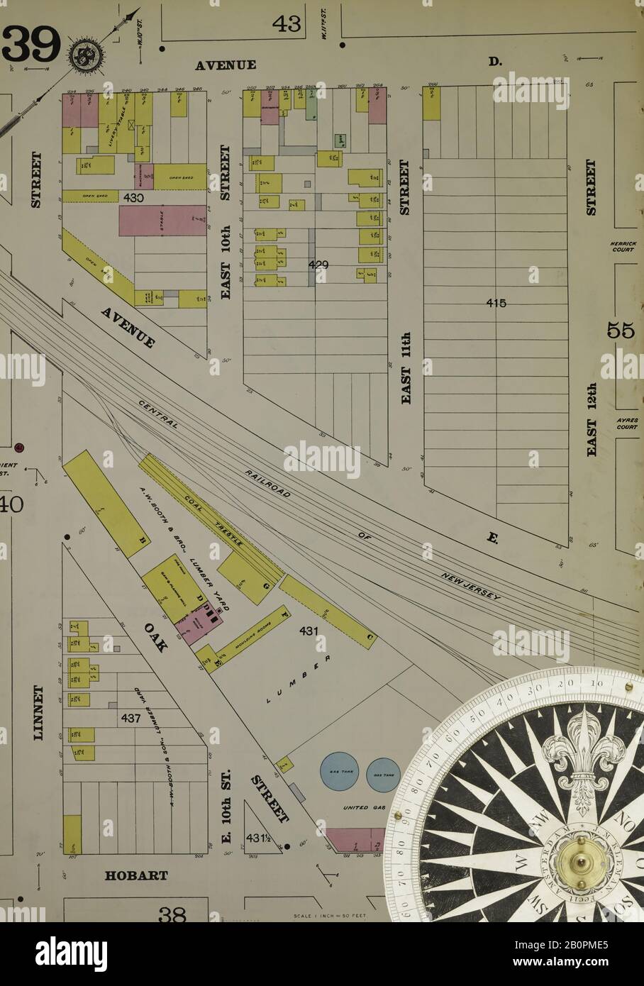 Bild 40 von Sanborn Fire Insurance Map aus Hudson Co., Hudson County, New Jersey. Bd. 10, 1898. 129 Blatt(e). Einschließlich Bayonne. Bound, Amerika, Straßenkarte mit einem Kompass Aus Dem 19. Jahrhundert Stockfoto