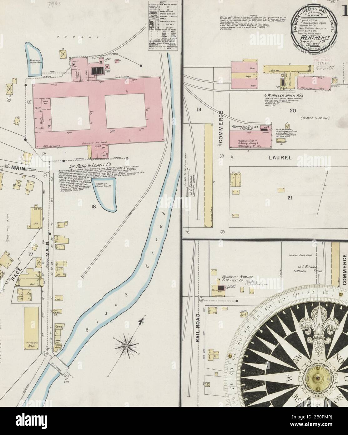 Bild 1 von Sanborn Fire Insurance Map aus Weatherly, Carbon County, Pennsylvania. Dezember 1895. 2 Blatt(e), Amerika, Straßenkarte mit einem Kompass Aus Dem 19. Jahrhundert Stockfoto