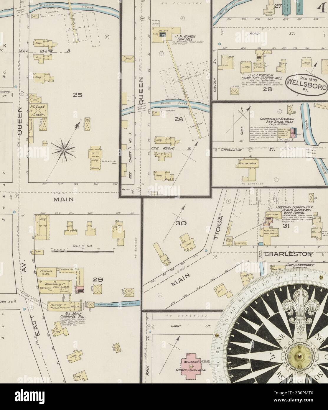 Bild 4 von Sanborn Fire Insurance Map aus Wellsboro, Tioga County, Pennsylvania. Dezember 1885. 4 Blatt(e), Amerika, Straßenkarte mit einem Kompass Aus Dem 19. Jahrhundert Stockfoto