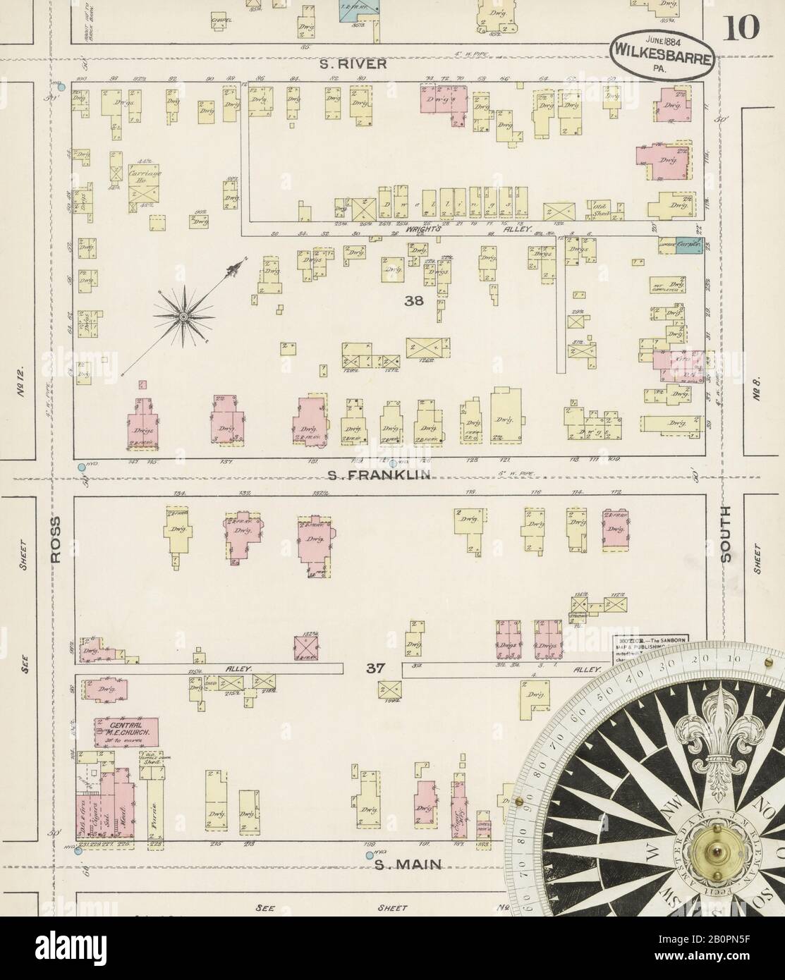 Bild 10 von Sanborn Fire Insurance Map aus Wilkes Barre, Luzerne County, Pennsylvania. Juni 1884. 16 Blatt(e), Amerika, Straßenkarte mit einem Kompass Aus Dem 19. Jahrhundert Stockfoto