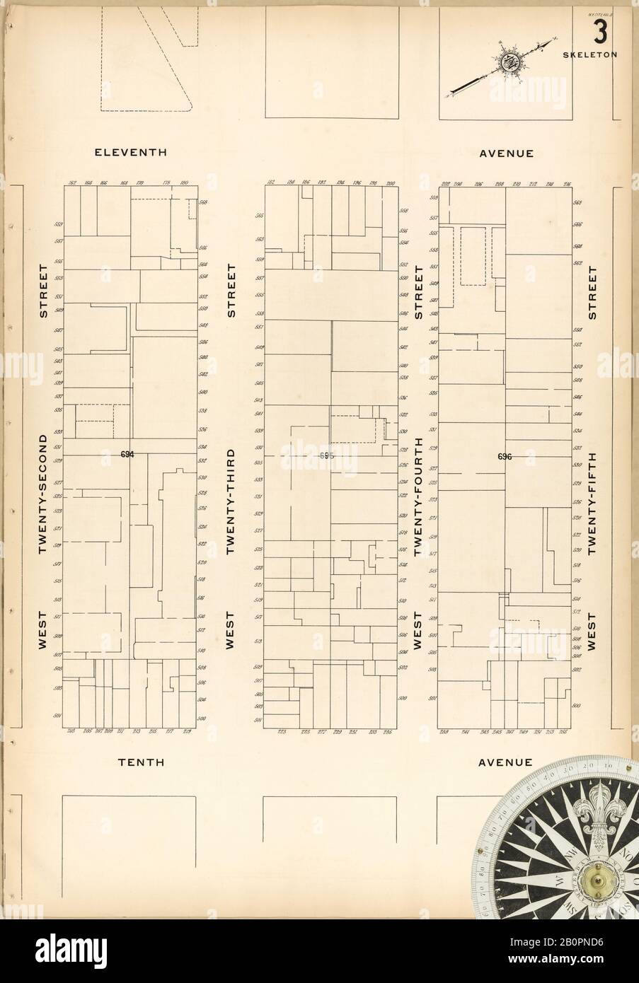 Bild 6 von Sanborn Fire Insurance Map aus Mexiko-Stadt, Bundesdistrikt, Distrito Federal. 1905. 25 Blatt(e). Umfasst 9 Skelettkarten, Amerika, Straßenkarte mit einem Kompass Aus Dem 19. Jahrhundert Stockfoto