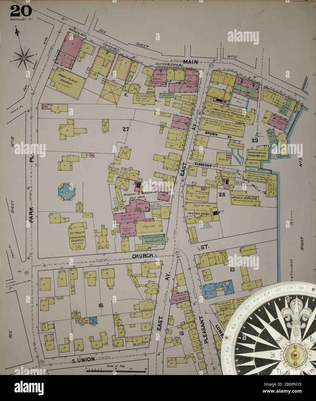 Bild 20 von Sanborn Fire Insurance Map aus Pawtucket, Providence County, Rhode Island. 1890. 38 Blatt(e). Inklusive Central Falls. Bound, Amerika, Straßenkarte mit einem Kompass Aus Dem 19. Jahrhundert Stockfoto