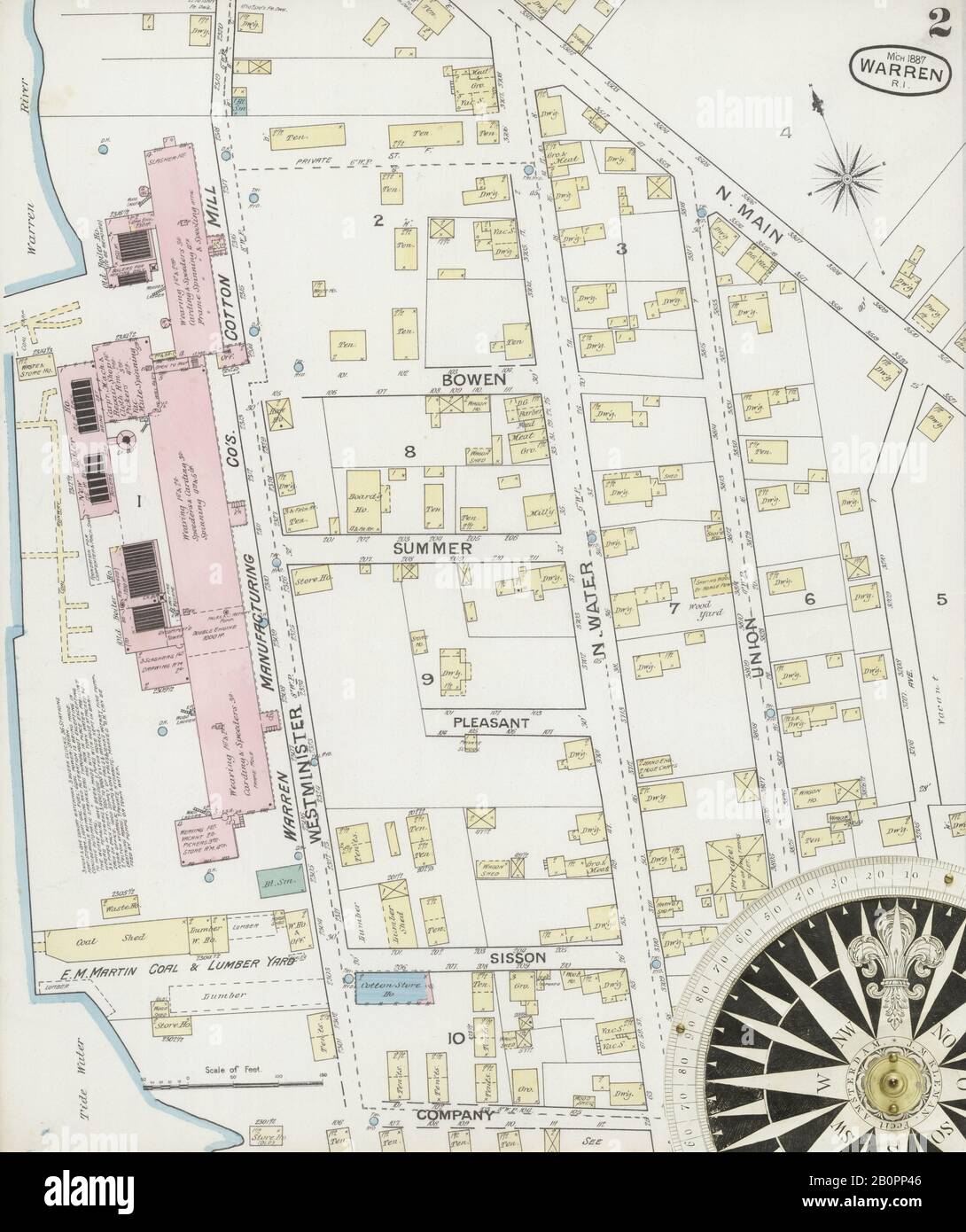 Bild 2 von Sanborn Fire Insurance Map aus Warren, Bristol County, Rhode Island. März 1887. 1 Blatt(e), Amerika, Straßenkarte mit einem Kompass Aus Dem 19. Jahrhundert Stockfoto