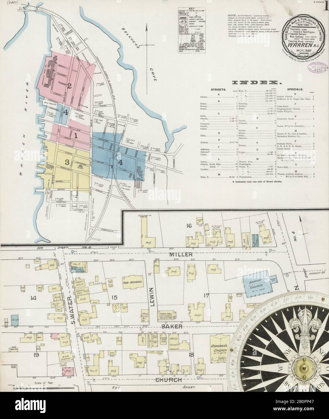 Bild 1 von Sanborn Fire Insurance Map aus Warren, Bristol County, Rhode Island. März 1887. 1 Blatt(e), Amerika, Straßenkarte mit einem Kompass Aus Dem 19. Jahrhundert Stockfoto