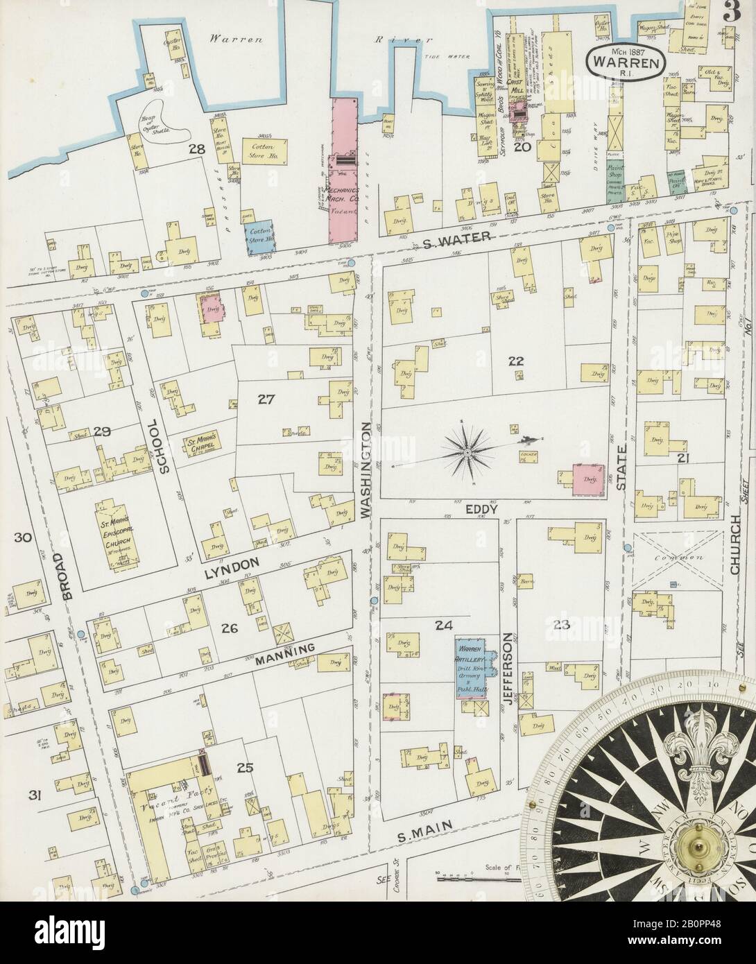 Bild 3 von Sanborn Fire Insurance Map aus Warren, Bristol County, Rhode Island. März 1887. 1 Blatt(e), Amerika, Straßenkarte mit einem Kompass Aus Dem 19. Jahrhundert Stockfoto