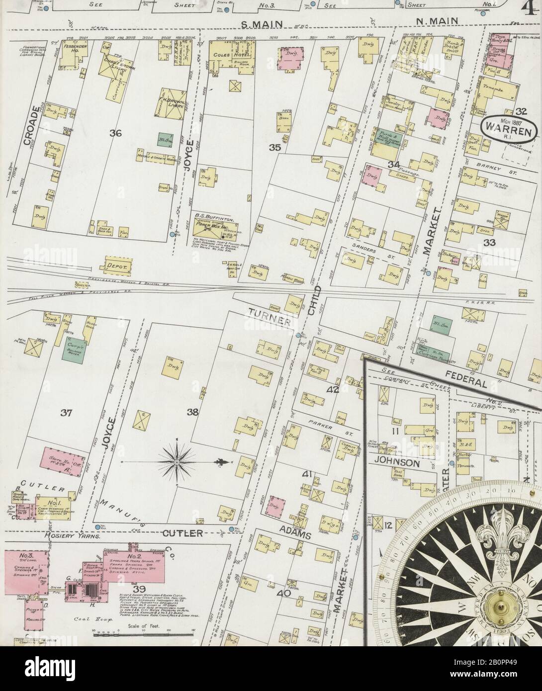Bild 4 von Sanborn Fire Insurance Map aus Warren, Bristol County, Rhode Island. März 1887. 1 Blatt(e), Amerika, Straßenkarte mit einem Kompass Aus Dem 19. Jahrhundert Stockfoto
