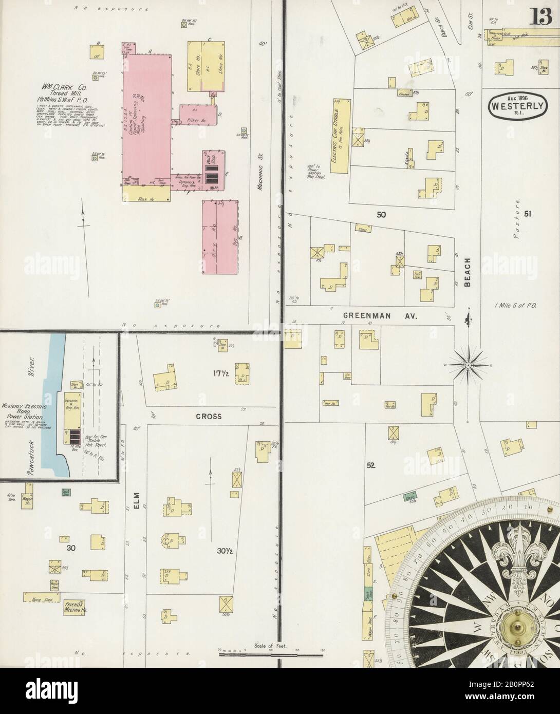 Bild 13 von Sanborn Fire Insurance Map aus Westlicher Richtung, Washington County, Rhode Island. August 1896. 13 Blatt(e). Umfasst Watch Hill, Amerika, Straßenkarte mit einem Kompass Aus Dem 19. Jahrhundert Stockfoto