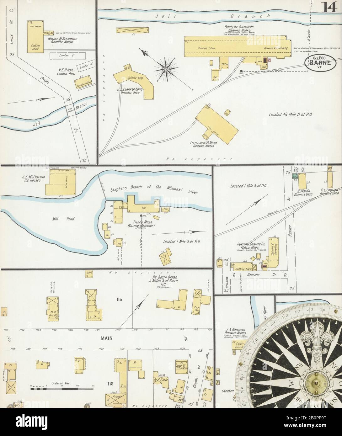 Bild 14 von Sanborn Fire Insurance Map aus Barre, Washington County, Vermont. Okt 1900. 15 Blatt(e), Amerika, Straßenkarte mit einem Kompass Aus Dem 19. Jahrhundert Stockfoto