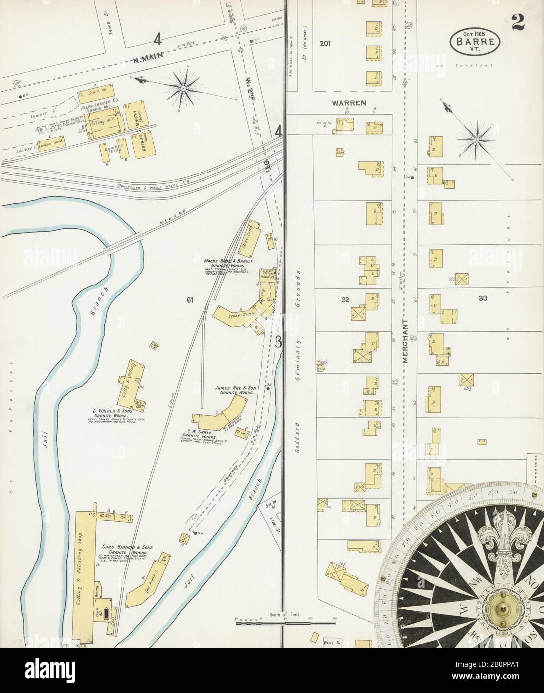 Bild 2 von Sanborn Fire Insurance Map aus Barre, Washington County, Vermont. Okt 1905. 24 Blatt(e), Amerika, Straßenkarte mit einem Kompass Aus Dem 19. Jahrhundert Stockfoto