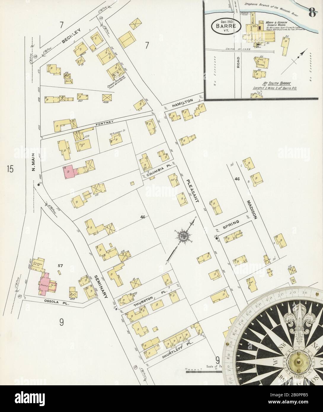 Bild 8 von Sanborn Fire Insurance Map aus Barre, Washington County, Vermont. Dez 1910. 34 Blatt(e), Amerika, Straßenkarte mit einem Kompass Aus Dem 19. Jahrhundert Stockfoto