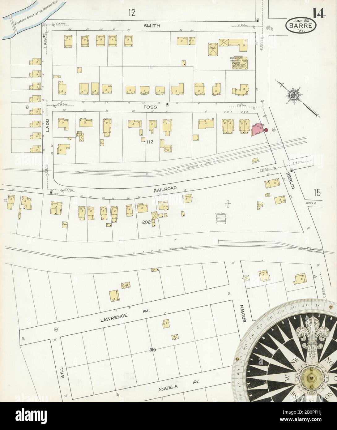 Bild 14 von Sanborn Fire Insurance Map aus Barre, Washington County, Vermont. Juni 1916. 31 Blatt(e), Amerika, Straßenkarte mit einem Kompass Aus Dem 19. Jahrhundert Stockfoto