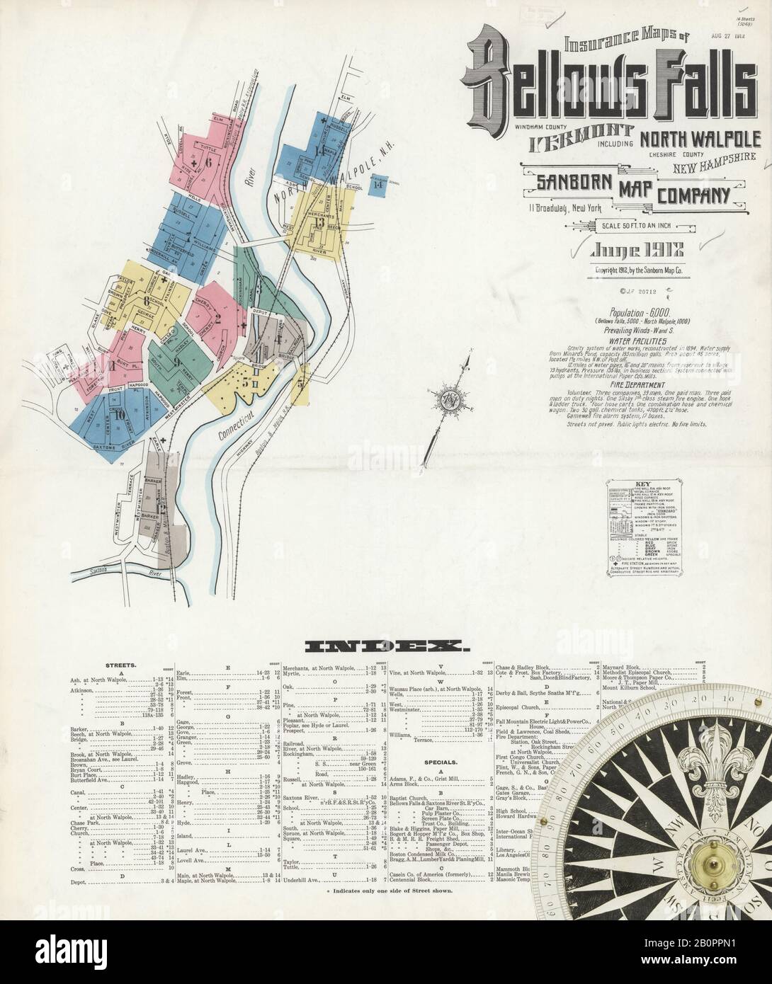 Bild 1 von Sanborn Fire Insurance Map aus Bellows Falls, Windham County, Vermont. Juni 1912. 14 Blatt(e). Umfasst North Walpole, Cheshire Co., New Hampshire, Amerika, Straßenkarte mit einem Kompass Aus Dem 19. Jahrhundert Stockfoto