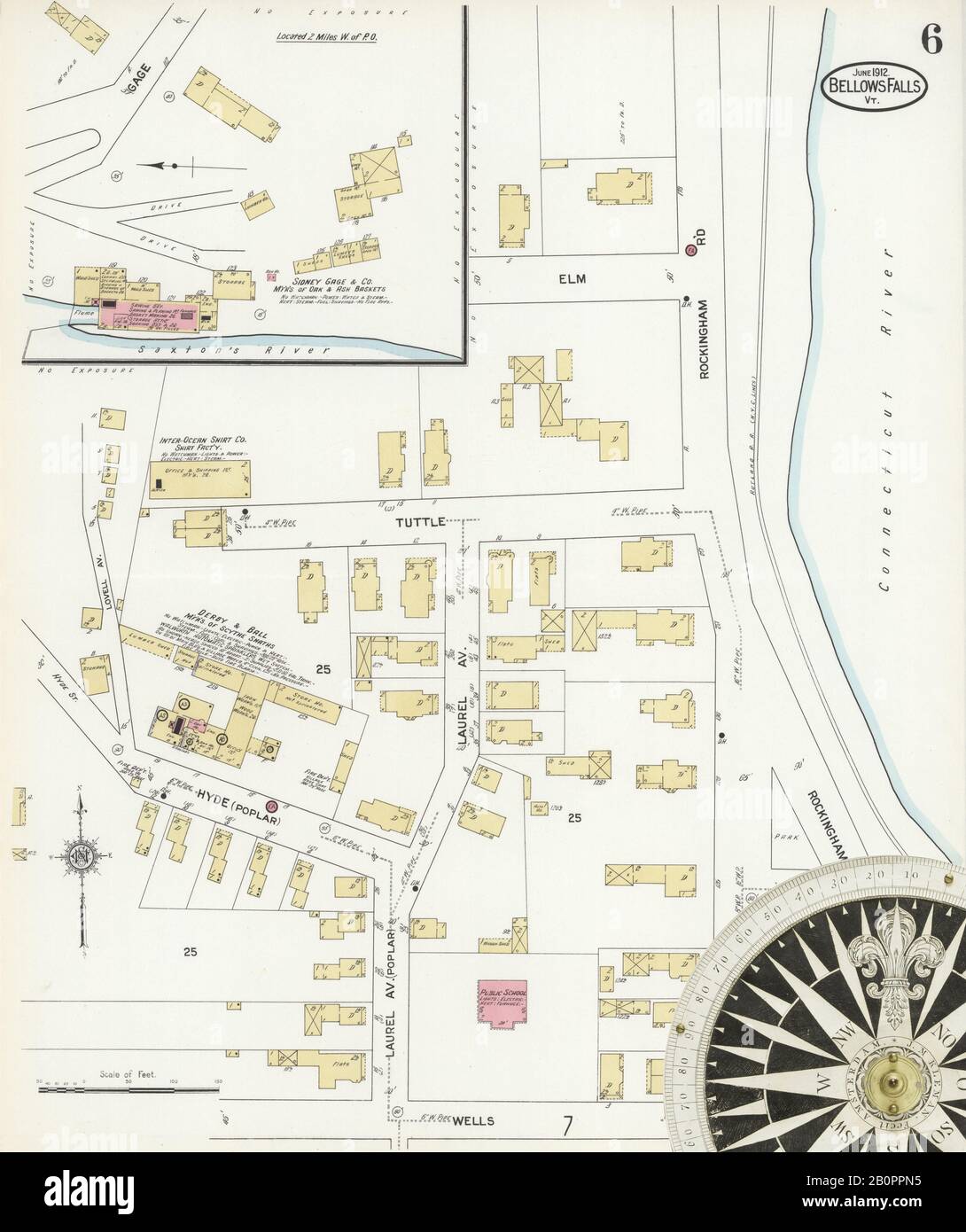 Bild 6 von Sanborn Fire Insurance Map aus Bellows Falls, Windham County, Vermont. Juni 1912. 14 Blatt(e). Umfasst North Walpole, Cheshire Co., New Hampshire, Amerika, Straßenkarte mit einem Kompass Aus Dem 19. Jahrhundert Stockfoto