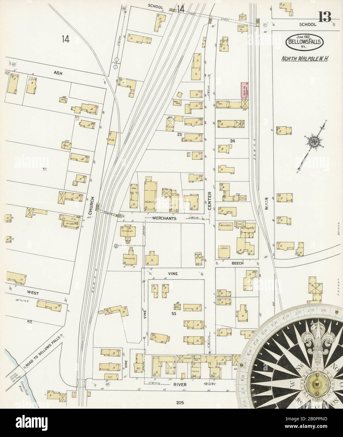 Bild 13 von Sanborn Fire Insurance Map aus Bellows Falls, Windham County, Vermont. Juni 1912. 14 Blatt(e). Umfasst North Walpole, Cheshire Co., New Hampshire, Amerika, Straßenkarte mit einem Kompass Aus Dem 19. Jahrhundert Stockfoto