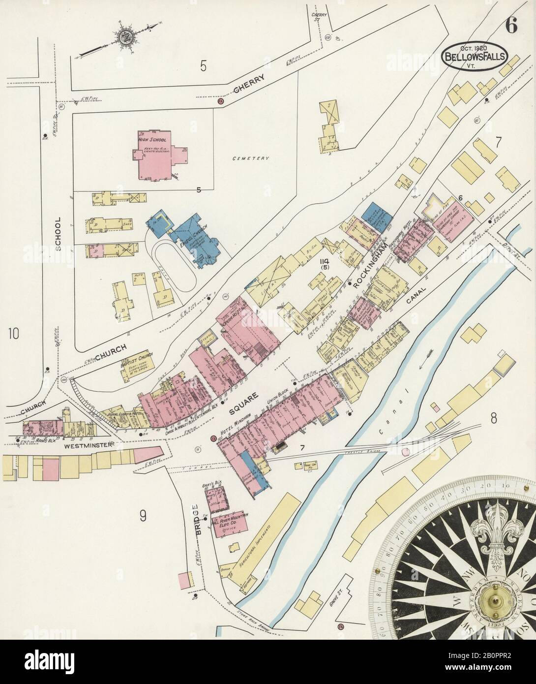 Bild 6 von Sanborn Fire Insurance Map aus Bellows Falls, Windham County, Vermont. Okt 1920. 14 Blatt(e). Einschließlich North Westminster, North Walpole, Cheshire Co., New Hampshire, Amerika, Straßenkarte mit einem Kompass Aus Dem 19. Jahrhundert Stockfoto