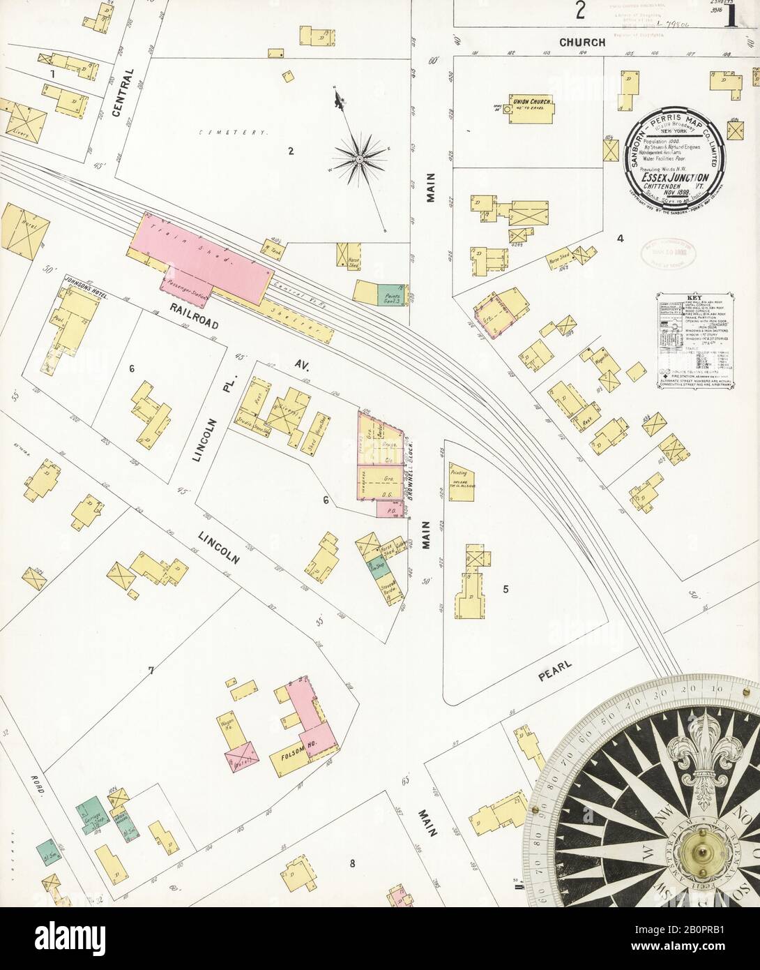 Bild 1 von Sanborn Fire Insurance Map aus Essex Junction, Chittenden County, Vermont. Nov. 1899. 2 Blatt(e), Amerika, Straßenkarte mit einem Kompass Aus Dem 19. Jahrhundert Stockfoto