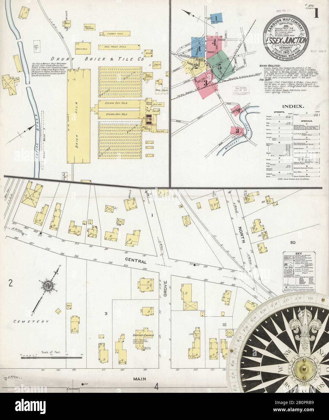 Bild 1 von Sanborn Fire Insurance Map aus Essex Junction, Chittenden County, Vermont. Okt 1910. 5 Blatt(e), Amerika, Straßenkarte mit einem Kompass Aus Dem 19. Jahrhundert Stockfoto