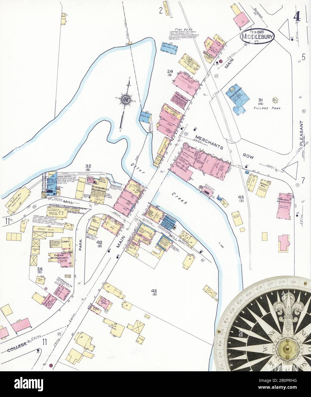 Bild 4 von Sanborn Fire Insurance Map aus Middlebury, Addison County, Vermont. Februar 1920. 12 Blatt(e), Amerika, Straßenkarte mit einem Kompass Aus Dem 19. Jahrhundert Stockfoto