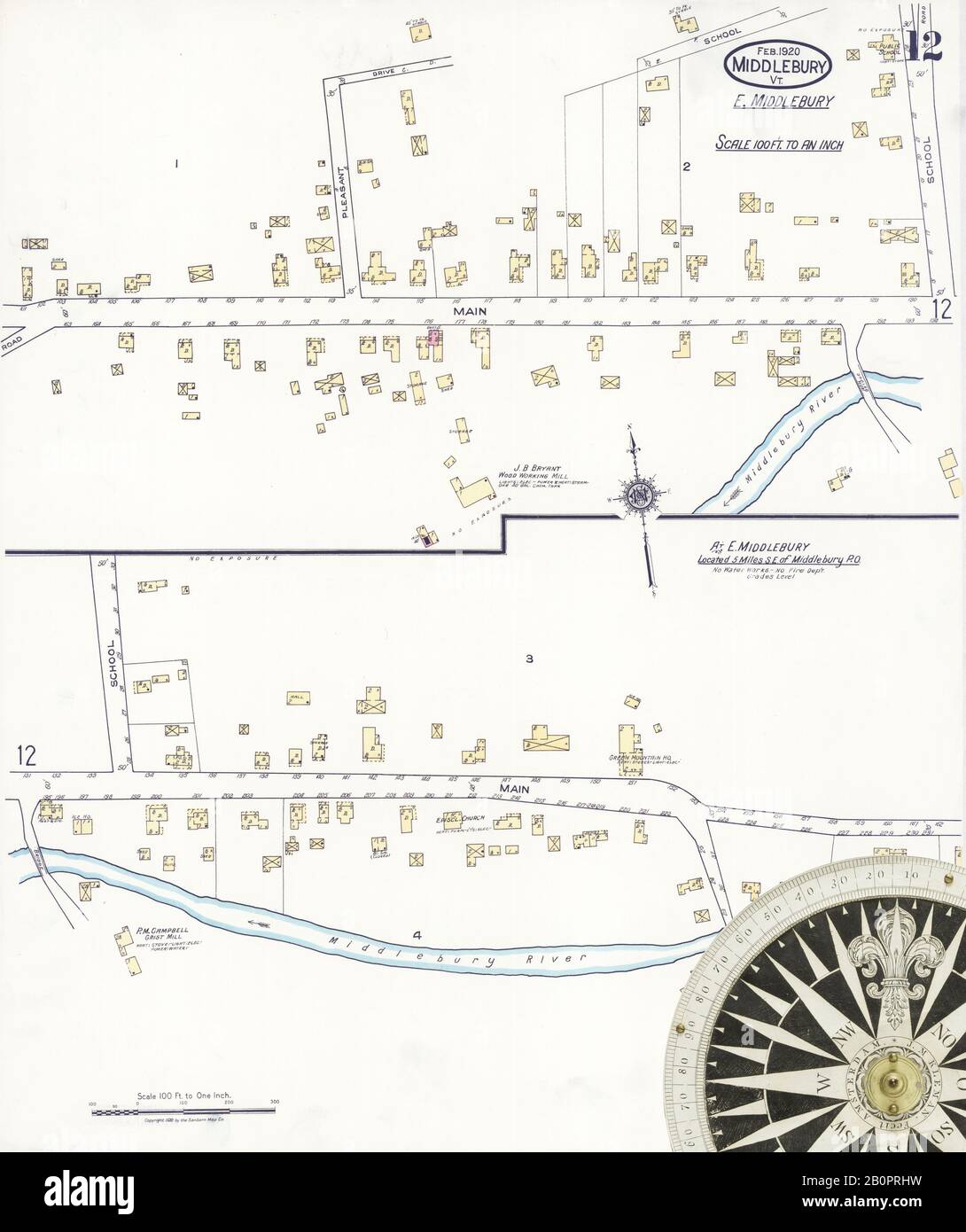 Bild 12 von Sanborn Fire Insurance Map aus Middlebury, Addison County, Vermont. Februar 1920. 12 Blatt(e), Amerika, Straßenkarte mit einem Kompass Aus Dem 19. Jahrhundert Stockfoto